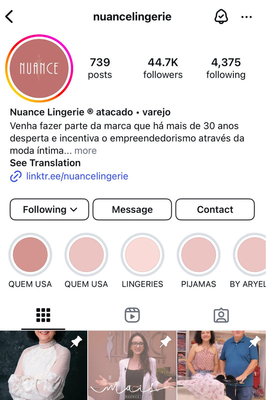 Perfil oficial do Instagram da Nuance Lingerie.