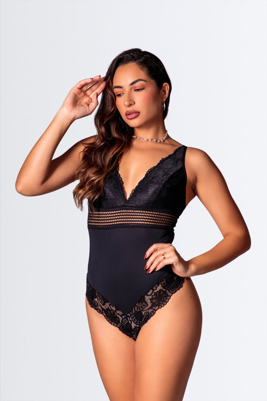 03632 - Body de Microfibra e Renda com Detalhes Transparentes