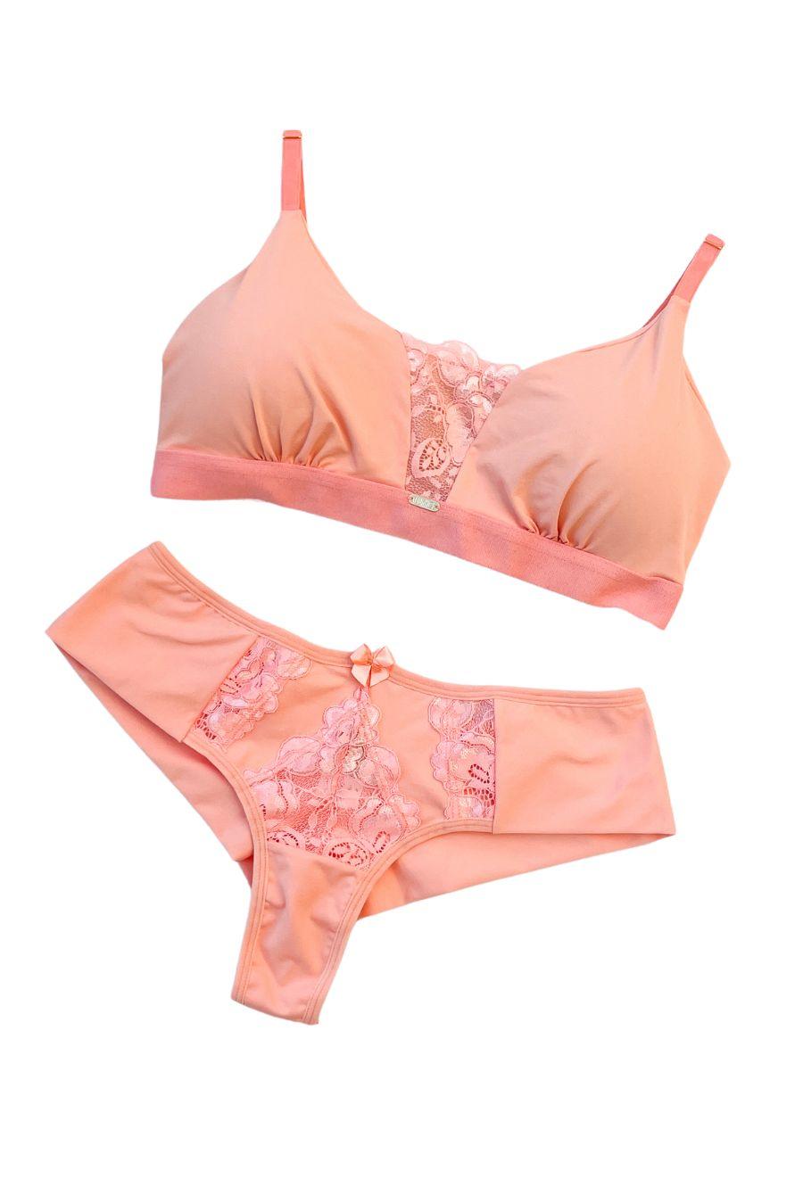 Conjunto Sutiã com Bojo Removível e Elástico + Calcinha Fio de Microfibra e Renda - Nuance