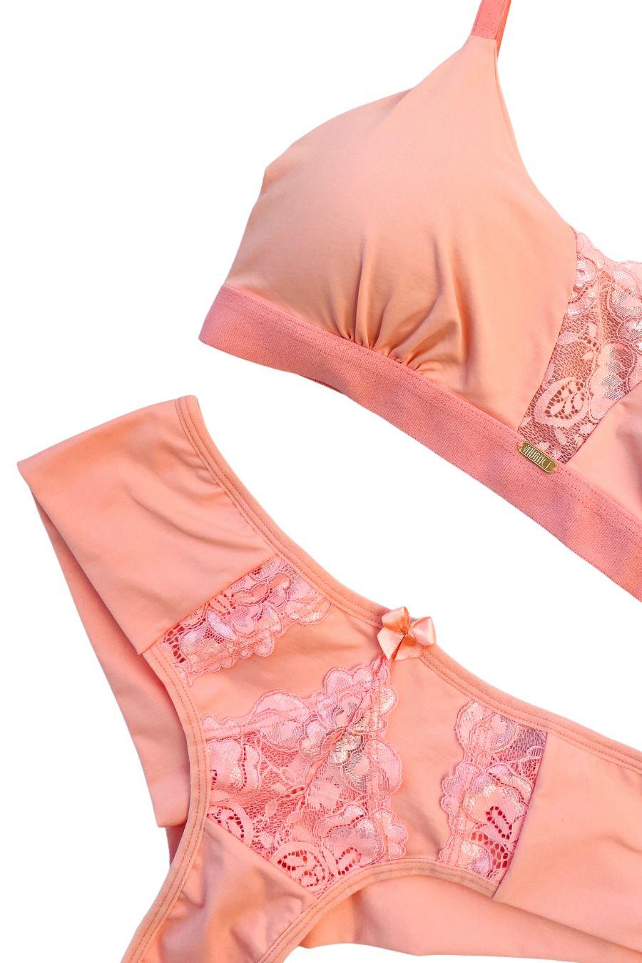 Conjunto Sutiã com Bojo Removível e Elástico + Calcinha Fio de Microfibra e Renda - Nuance