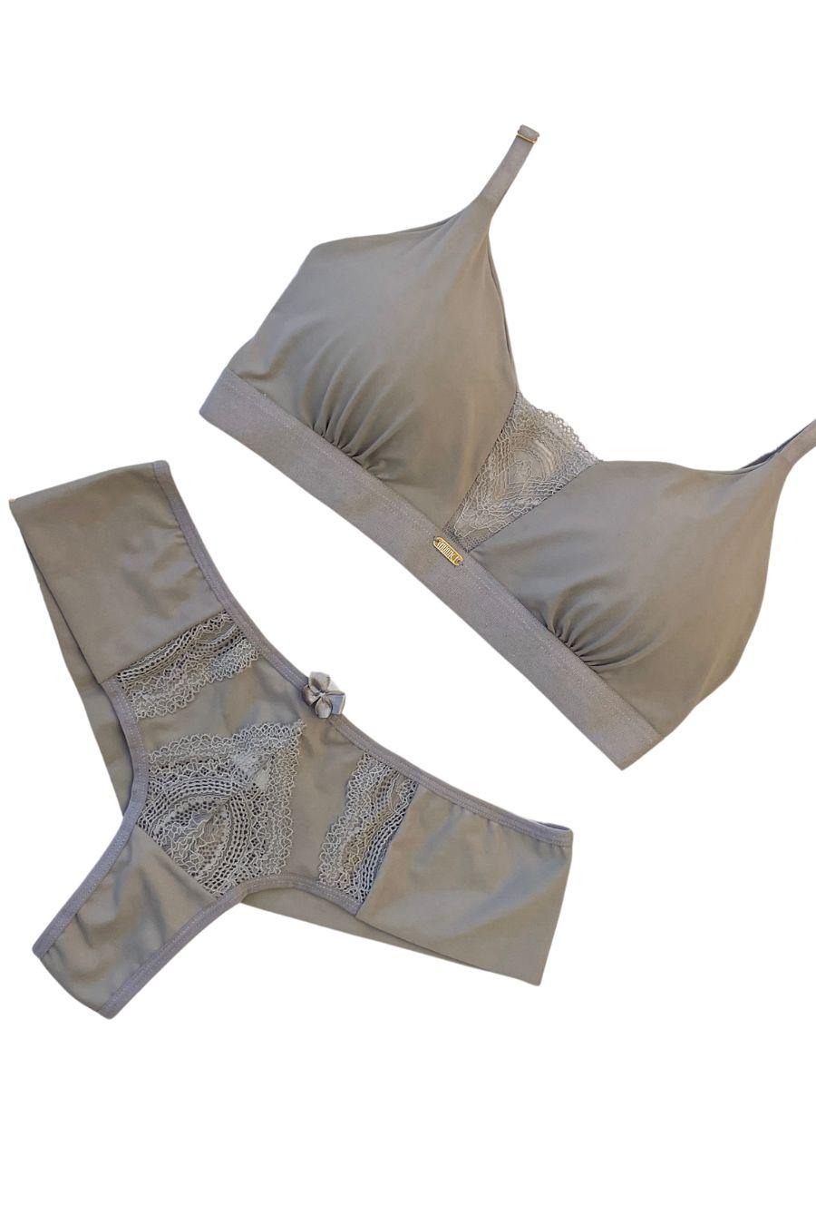 Conjunto Sutiã com Bojo Removível e Elástico + Calcinha Fio de Microfibra e Renda - Nuance