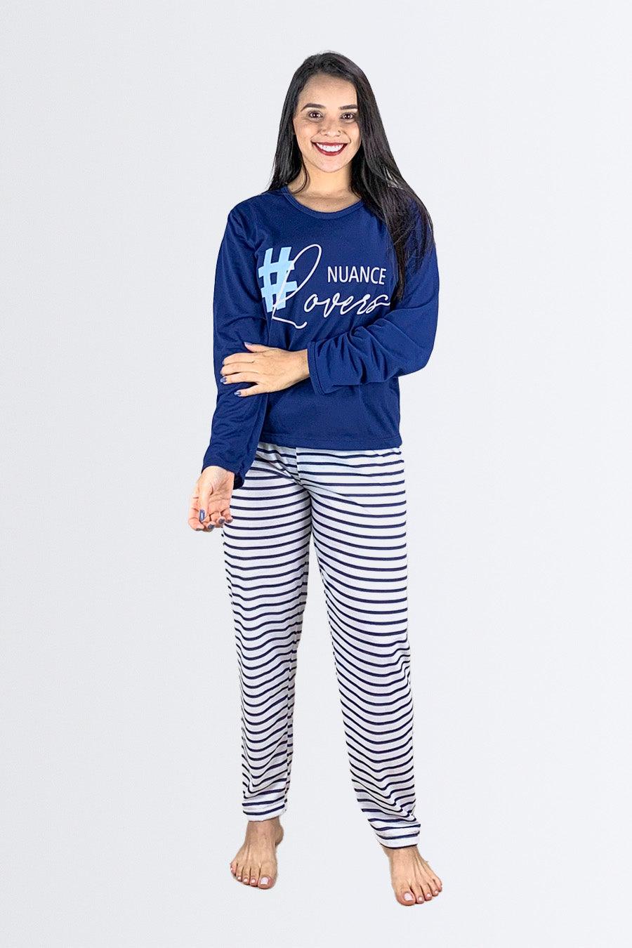 Pijama Longo de Malha com Calça Listrada - Nuance