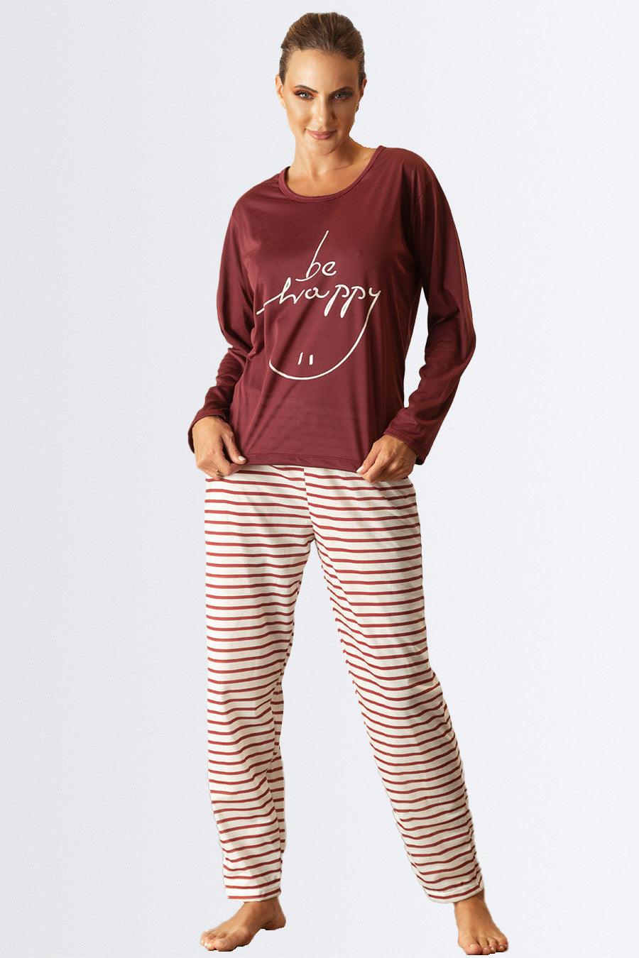 Pijama Longo de Malha com Calça Listrada - Nuance