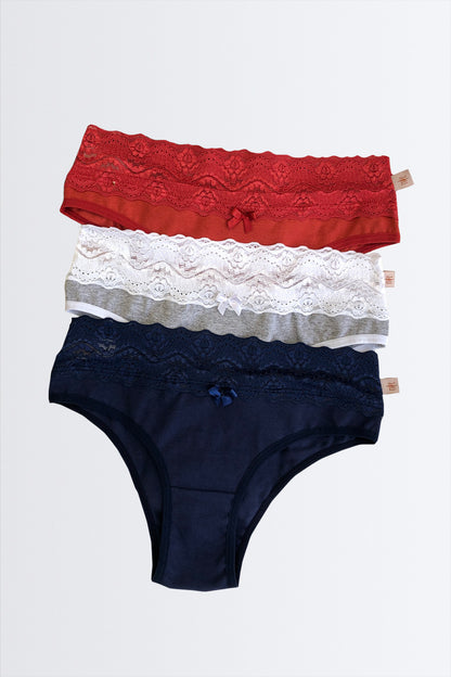 03599 - Kit 3 - Calcinha Cotton Cós Renda