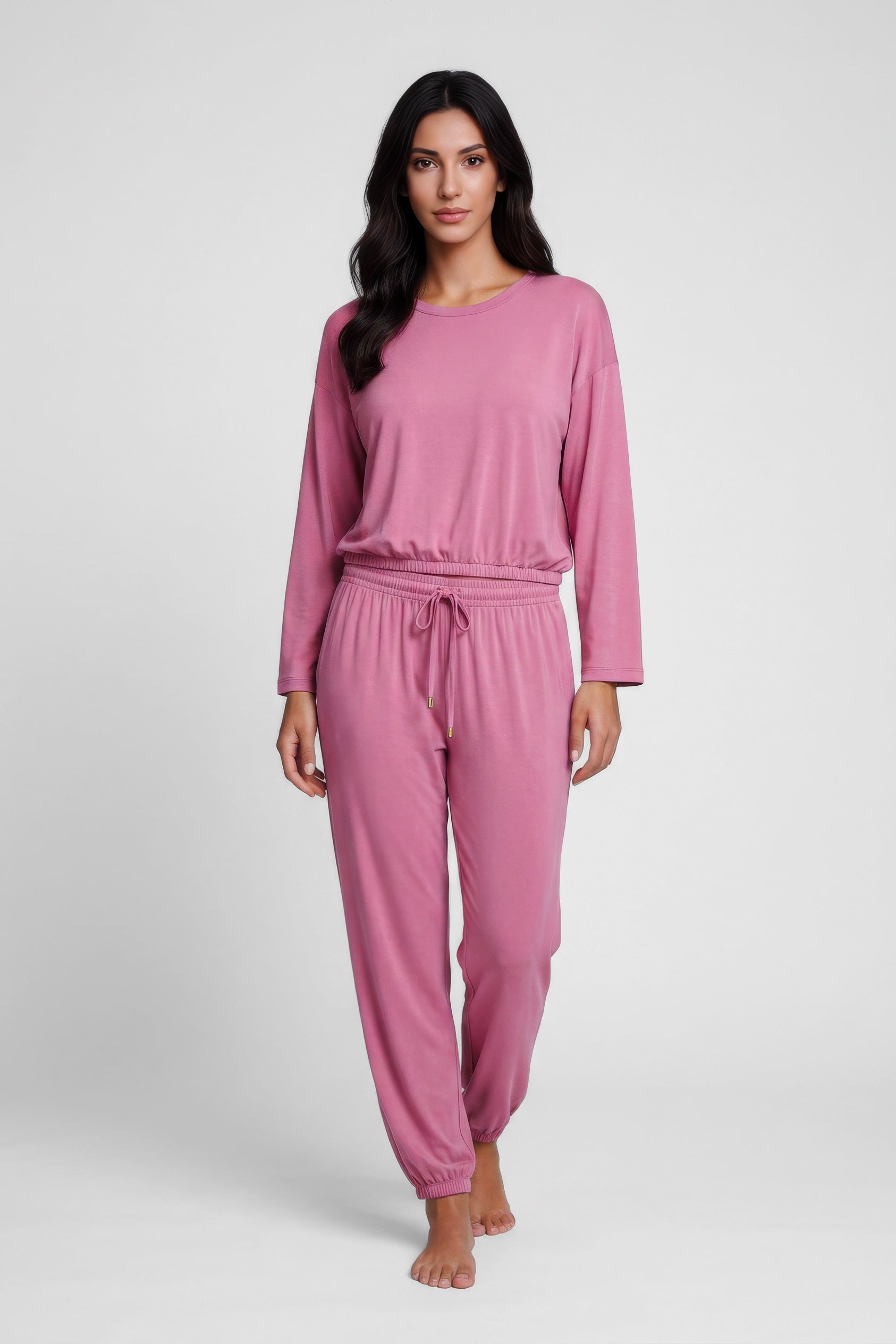 04136 – Pijama Longo de Viscolycra com Elástico na Blusa e Calça – Linha Noite