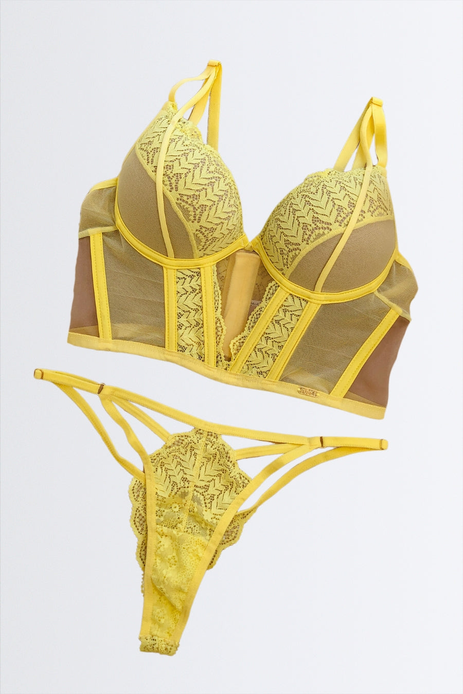 04153 - Soutien Cropped com Recorte e Transparência com Calcinha String de Renda - Nuance