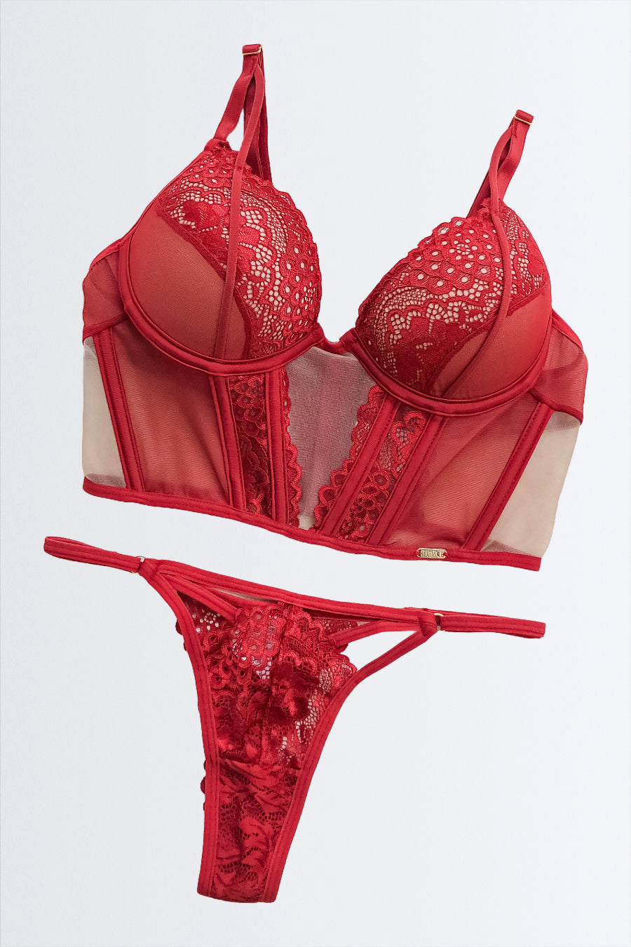 04153 - Soutien Cropped com Recorte e Transparência com Calcinha String de Renda