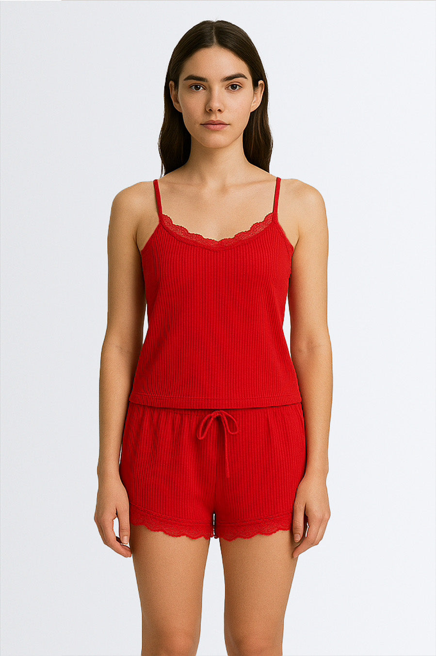 04201 - Short Doll Canelado com Detalhes em Renda