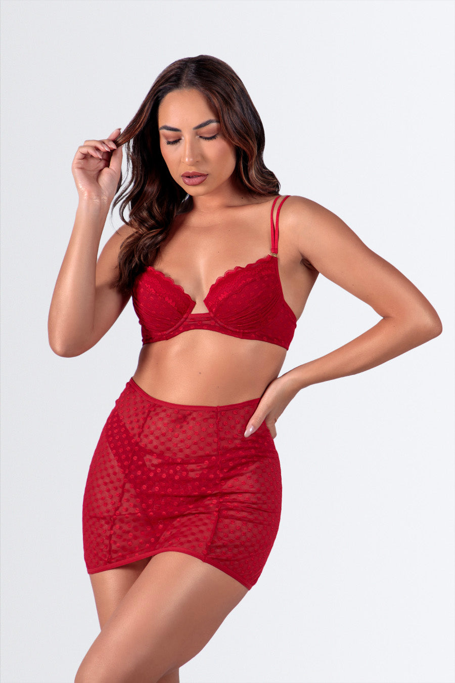 04206 - Soutien com Tule Franzido + Calcinha Fio e Cinta Liga