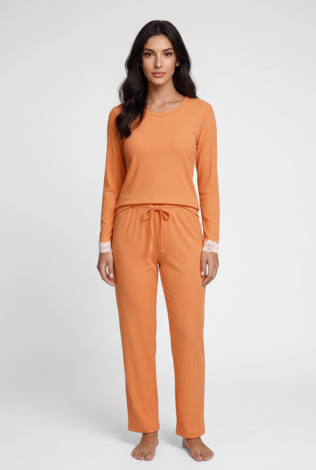 04231 - Pijama Canelado com Detalhes de Renda