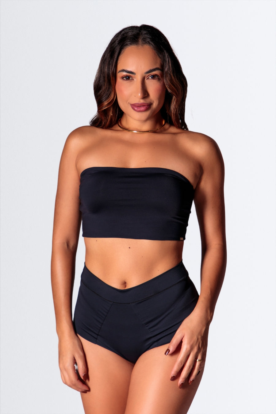 04269 - Conjunto Top Reto Sem Alça e Calcinha Pala com Lateral Dupla