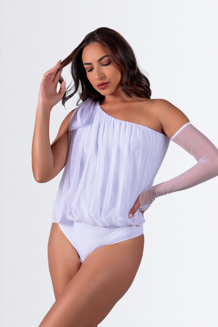 04273 - Body Manga Nula Drapeado com Laço em Microfibra de Poliamida