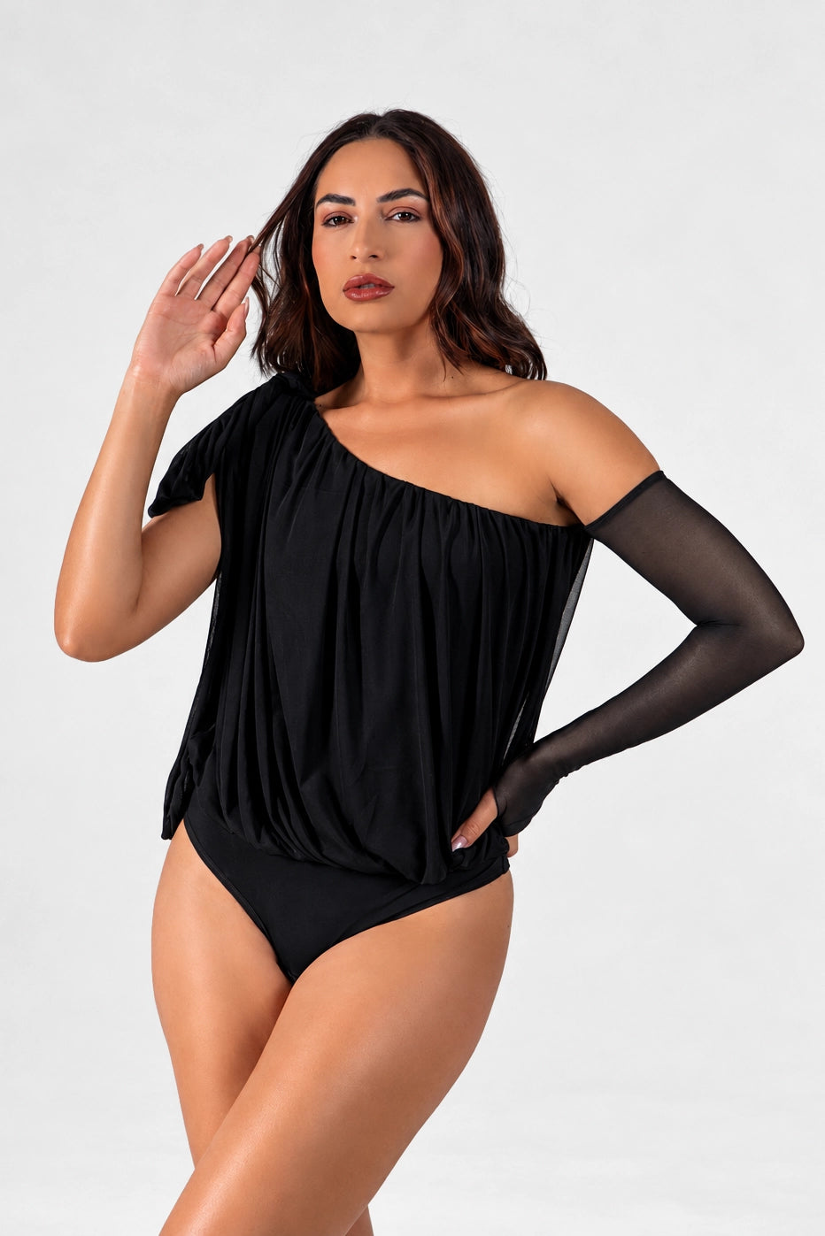 04273 - Body Manga Nula Drapeado com Laço em Microfibra de Poliamida