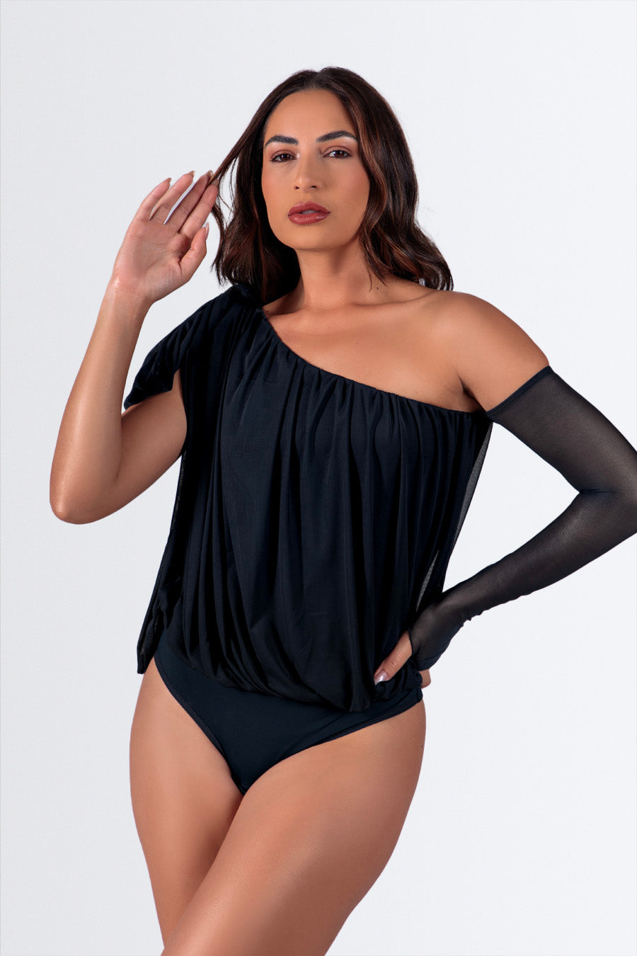 04273 - Body Manga Nula Drapeado com Laço em Microfibra de Poliamida