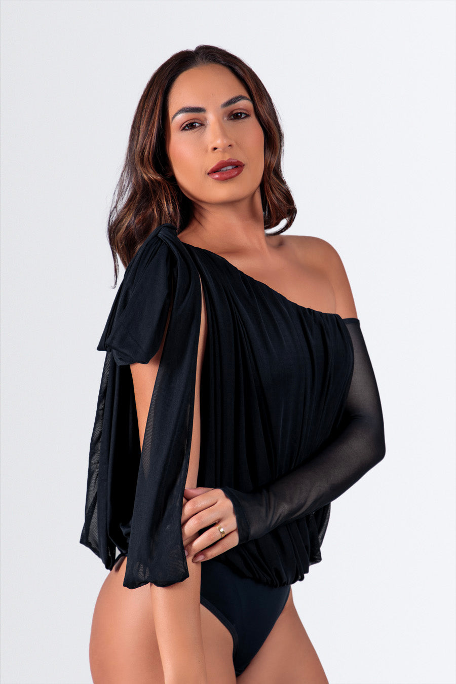 04273 - Body Manga Nula Drapeado com Laço em Microfibra de Poliamida