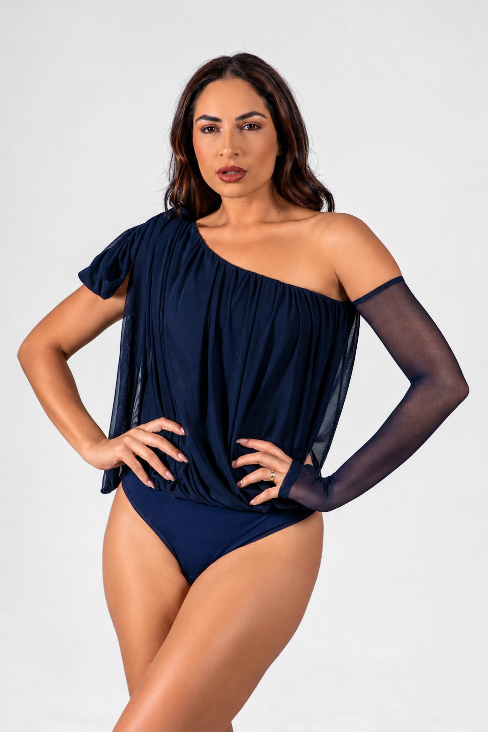 04273 - Body Manga Nula Drapeado com Laço em Microfibra de Poliamida