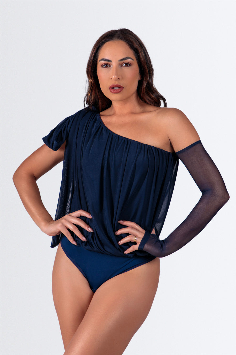 04273 - Body Manga Nula Drapeado com Laço em Microfibra de Poliamida