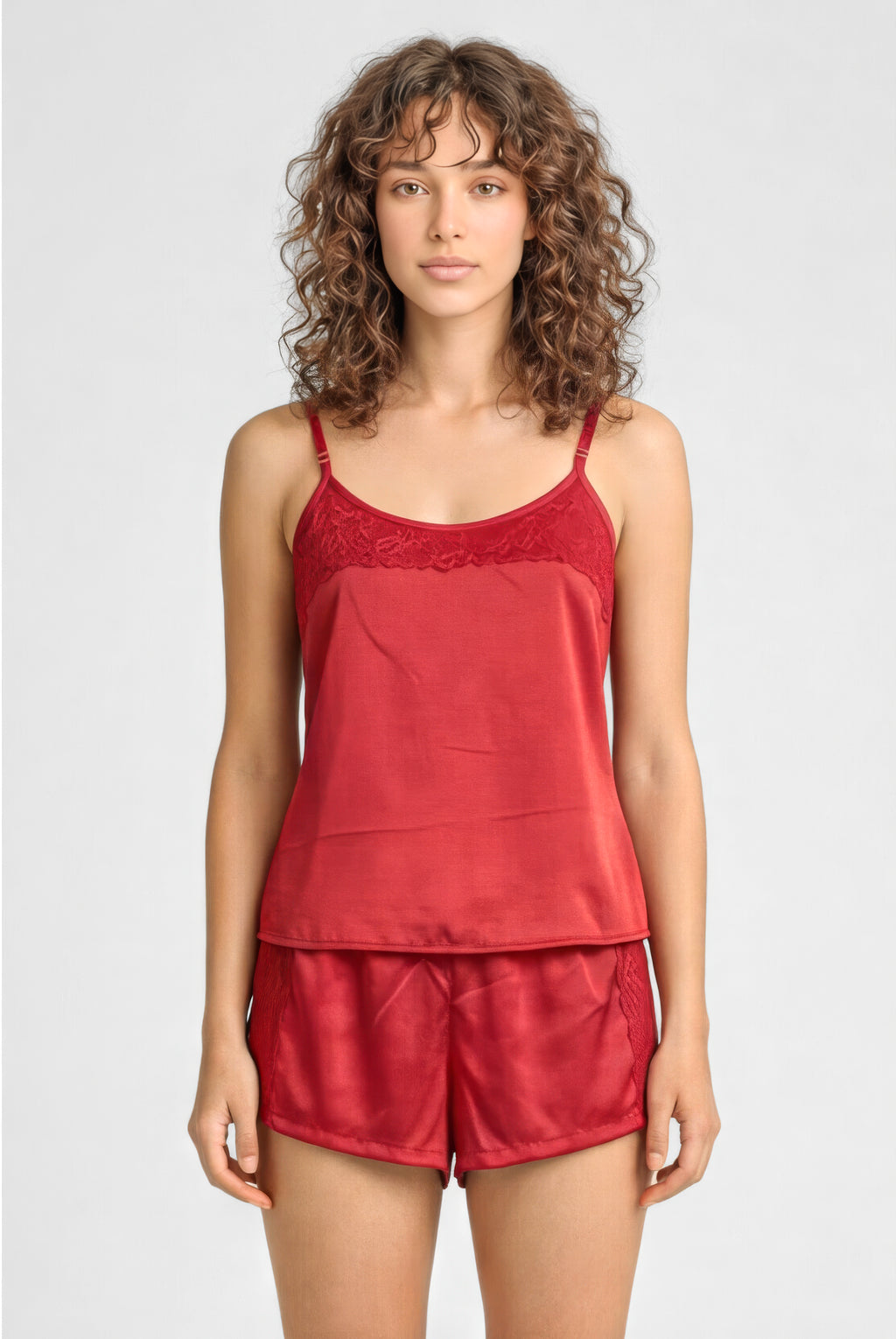 04277 - Baby Dool no Tecido Gloss com Detalhes em Renda na Blusa e no Short e Ponteiras Personalizadas
