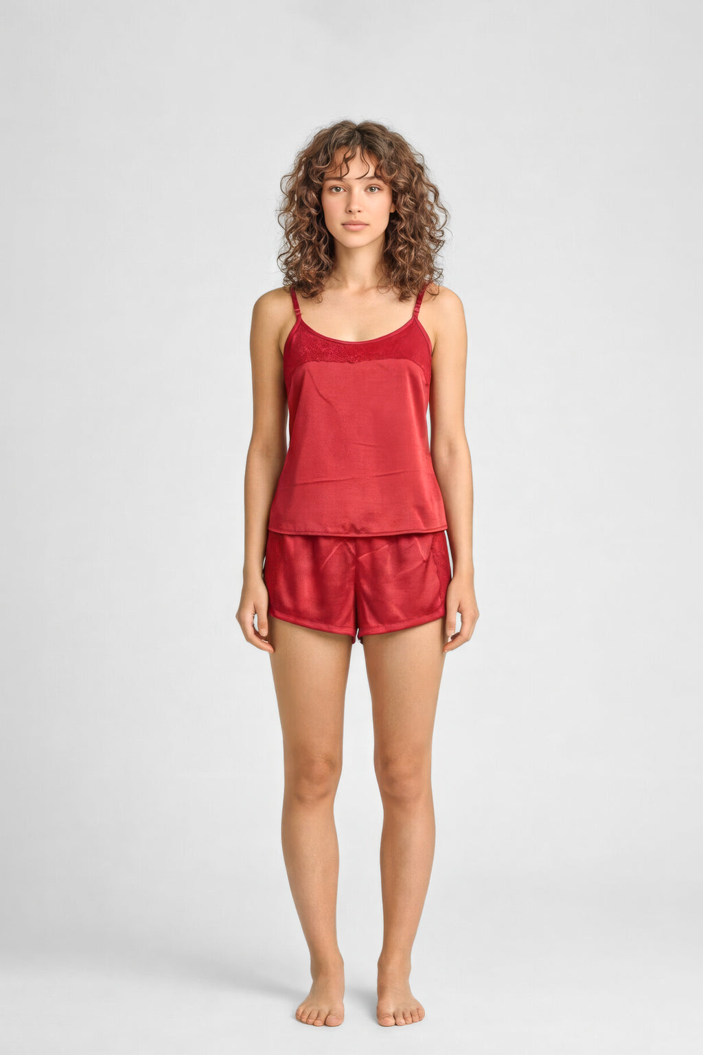 04277 - Baby Dool no Tecido Gloss com Detalhes em Renda na Blusa e no Short e Ponteiras Personalizadas