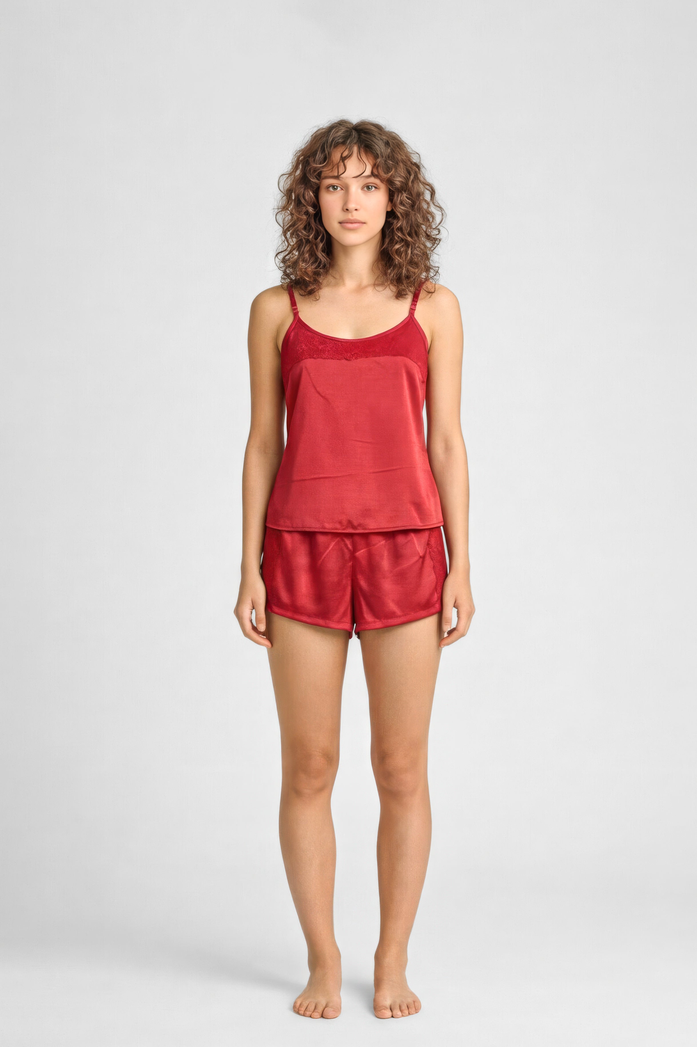 04277 - Baby Dool no Tecido Gloss com Detalhes em Renda na Blusa e no Short e Ponteiras Personalizadas