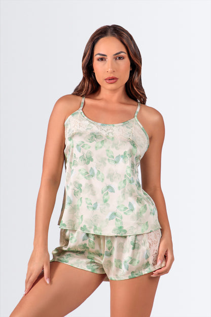 04277 - Baby Dool no Tecido Gloss com Detalhes em Renda na Blusa e no Short e Ponteiras Personalizadas