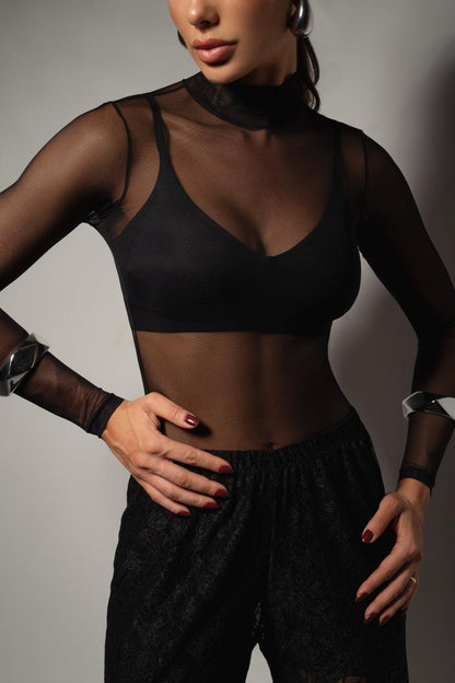 Body de Tule com Gola Alta - Nuance