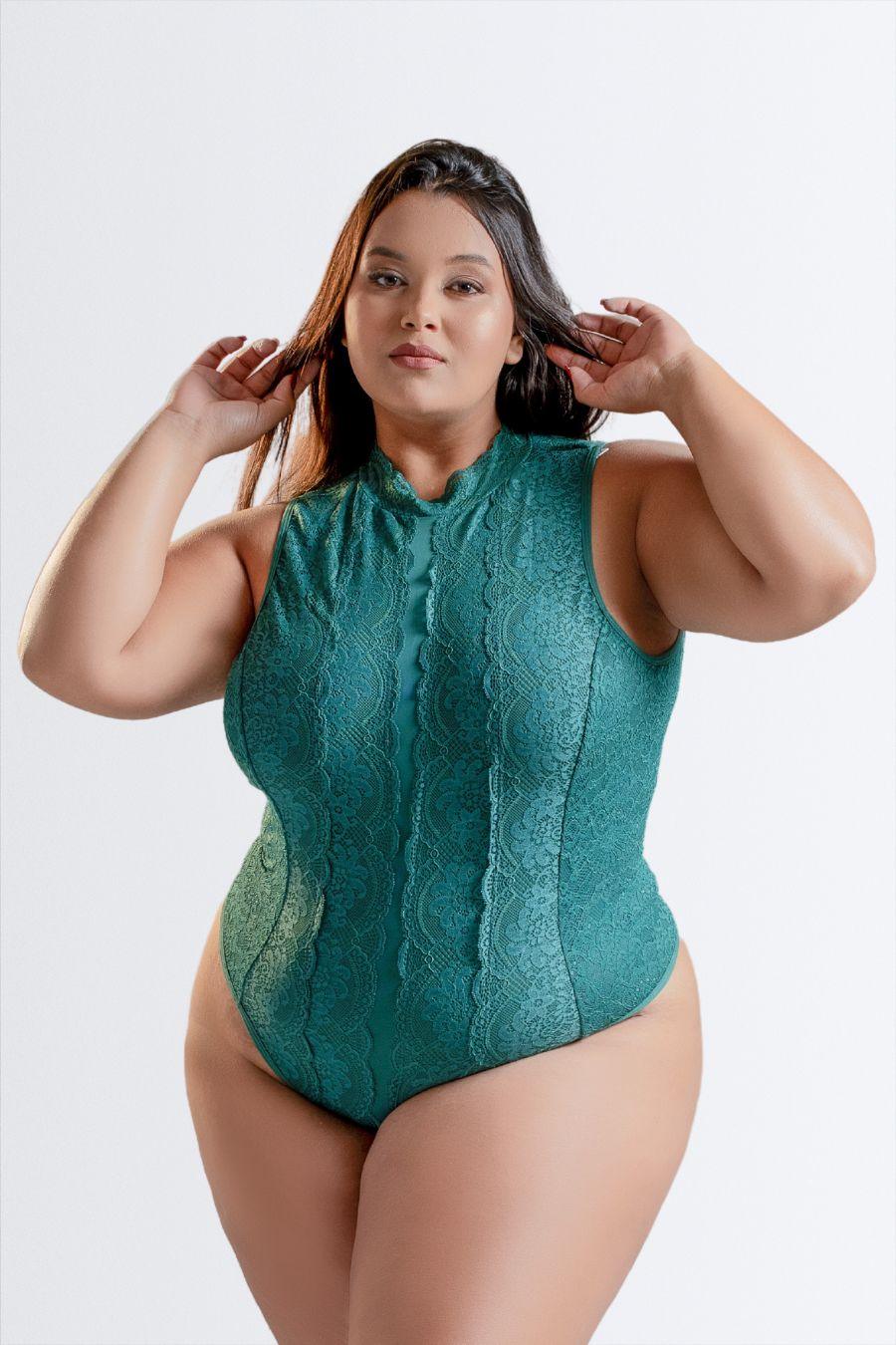 Body Plus Size de Manga Curta em Microfibra e Renda com Decote nas Costas - Nuance