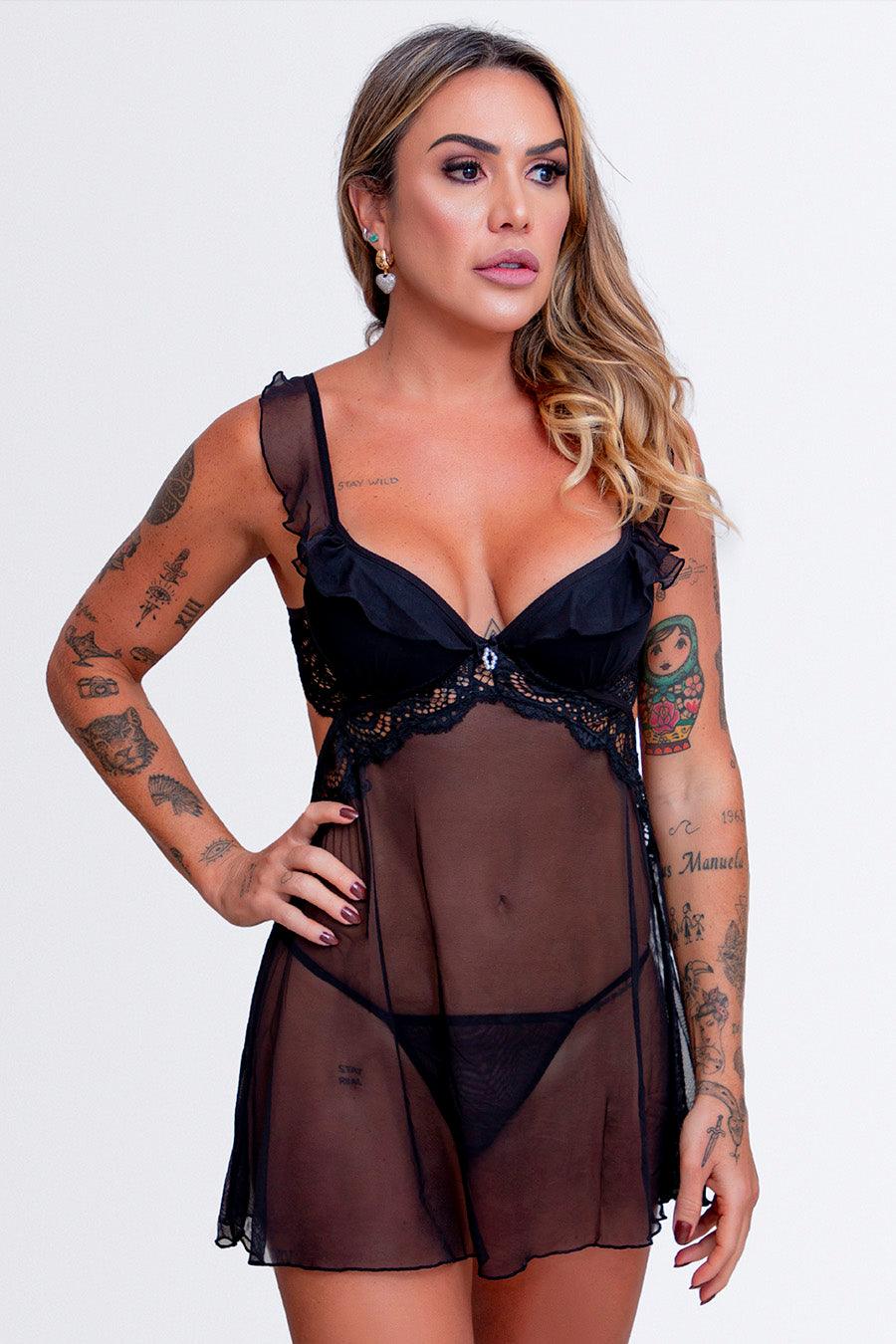 Camisola com Bojo de Tule e Renda - Nuance