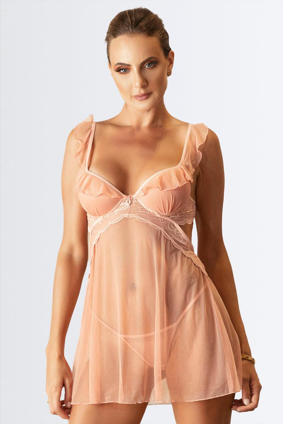 Camisola com Bojo de Tule e Renda - Nuance