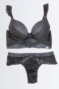 Conjunto Cropped com Elástico na Base e Recortes de Renda + Calcinha Fio de Microfibra - Nuance