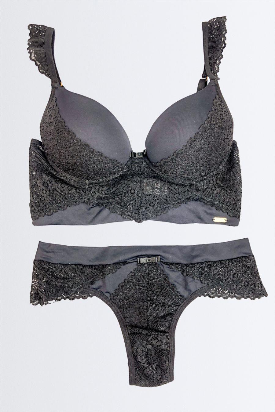 Conjunto Cropped com Elástico na Base e Recortes de Renda + Calcinha Fio de Microfibra - Nuance
