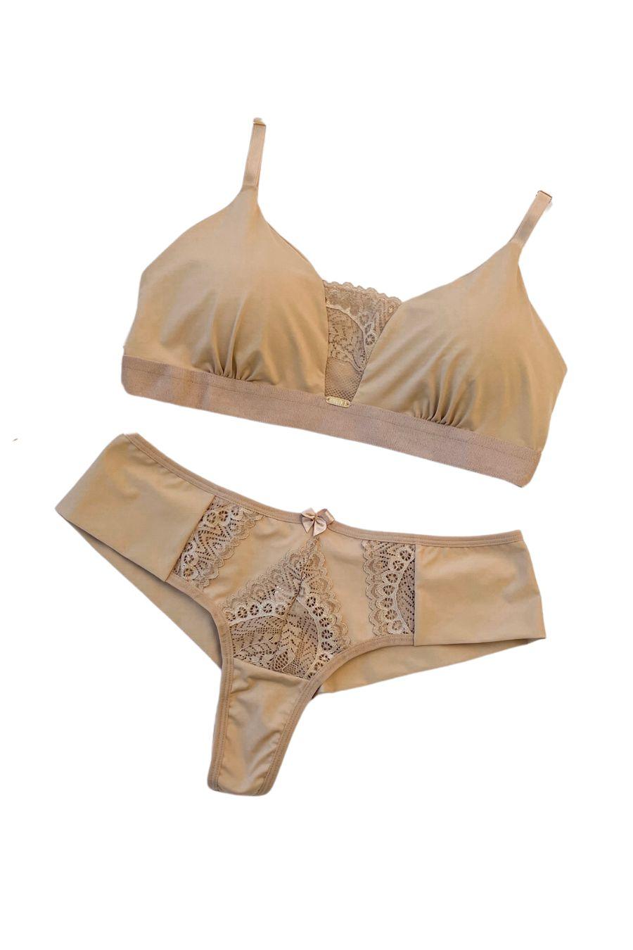 Conjunto Sutiã com Bojo Removível e Elástico + Calcinha Fio de Microfibra e Renda - Nuance