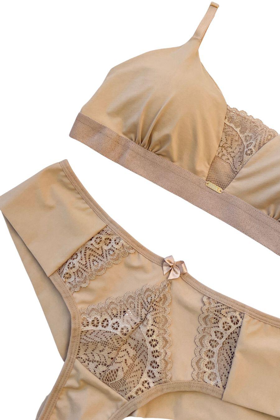 Conjunto Sutiã com Bojo Removível e Elástico + Calcinha Fio de Microfibra e Renda - Nuance