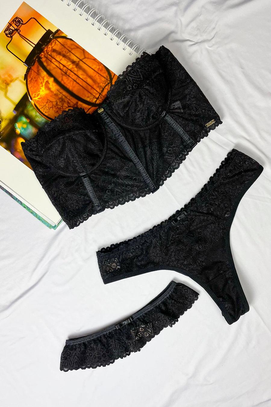 Cropped Sem Bojo de Renda com Alças Removíveis, Calcinha Fio Duplo e Garter - Nuance