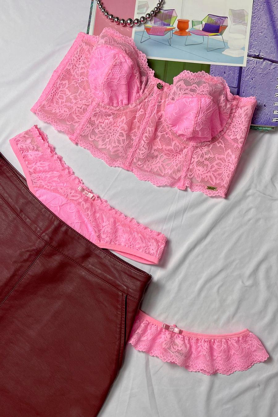 Cropped Sem Bojo de Renda com Alças Removíveis, Calcinha Fio Duplo e Garter - Nuance