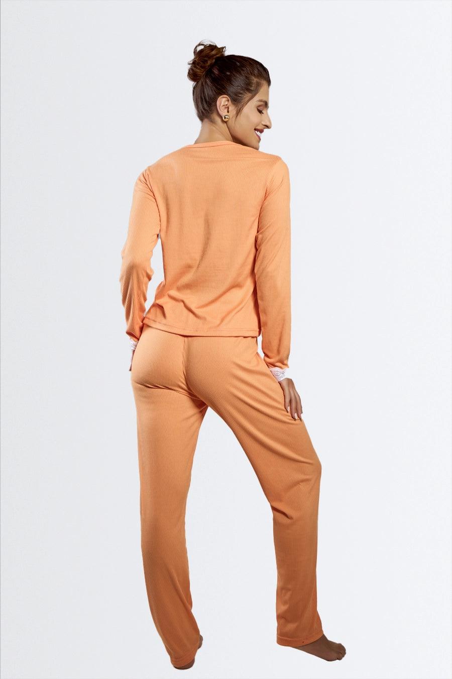 Pijama Canelado com Detalhes de Renda - Nuance