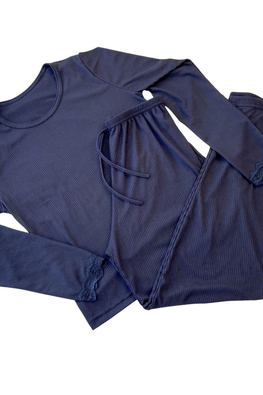 Pijama Canelado com Detalhes de Renda - Nuance