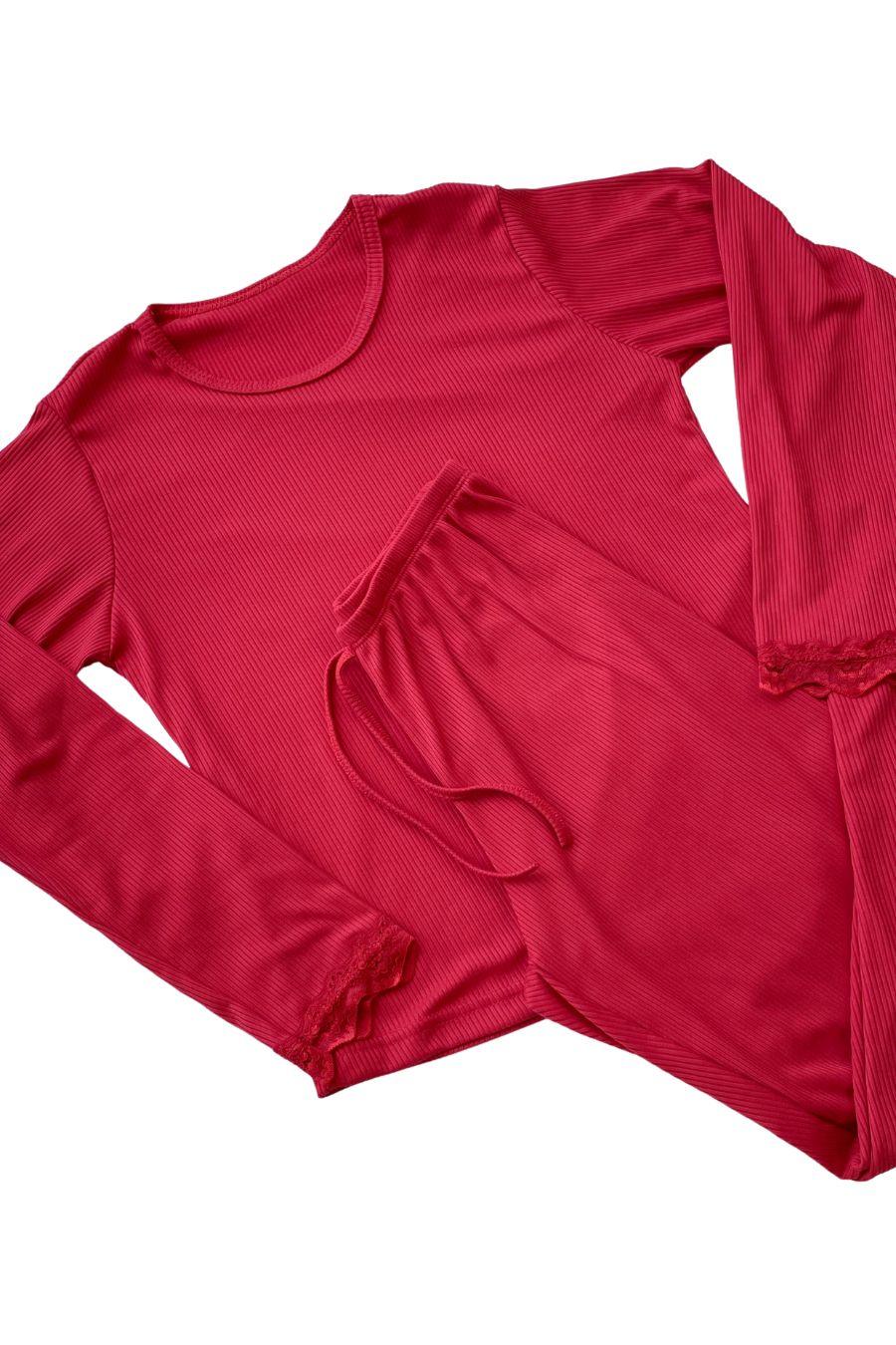 Pijama Canelado com Detalhes de Renda - Nuance