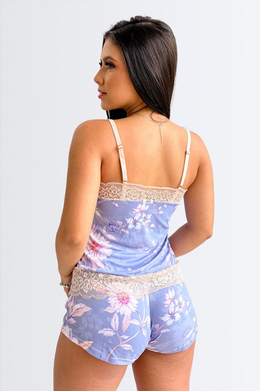 Short Doll Sem Bojo Estampado com Renda - Nuance