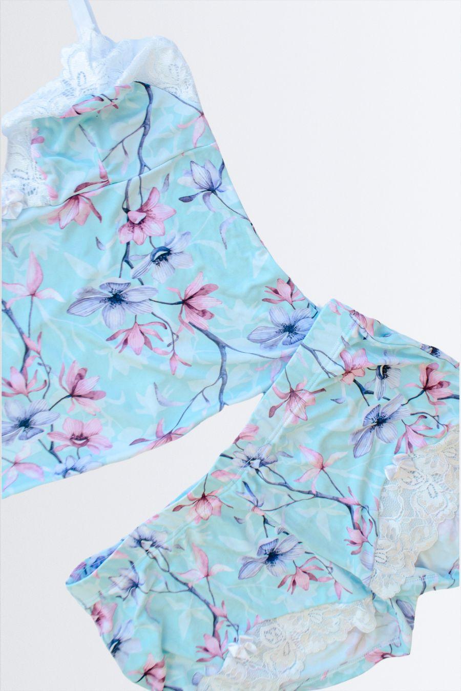 Short Doll Sem Bojo Estampado com Renda - Nuance