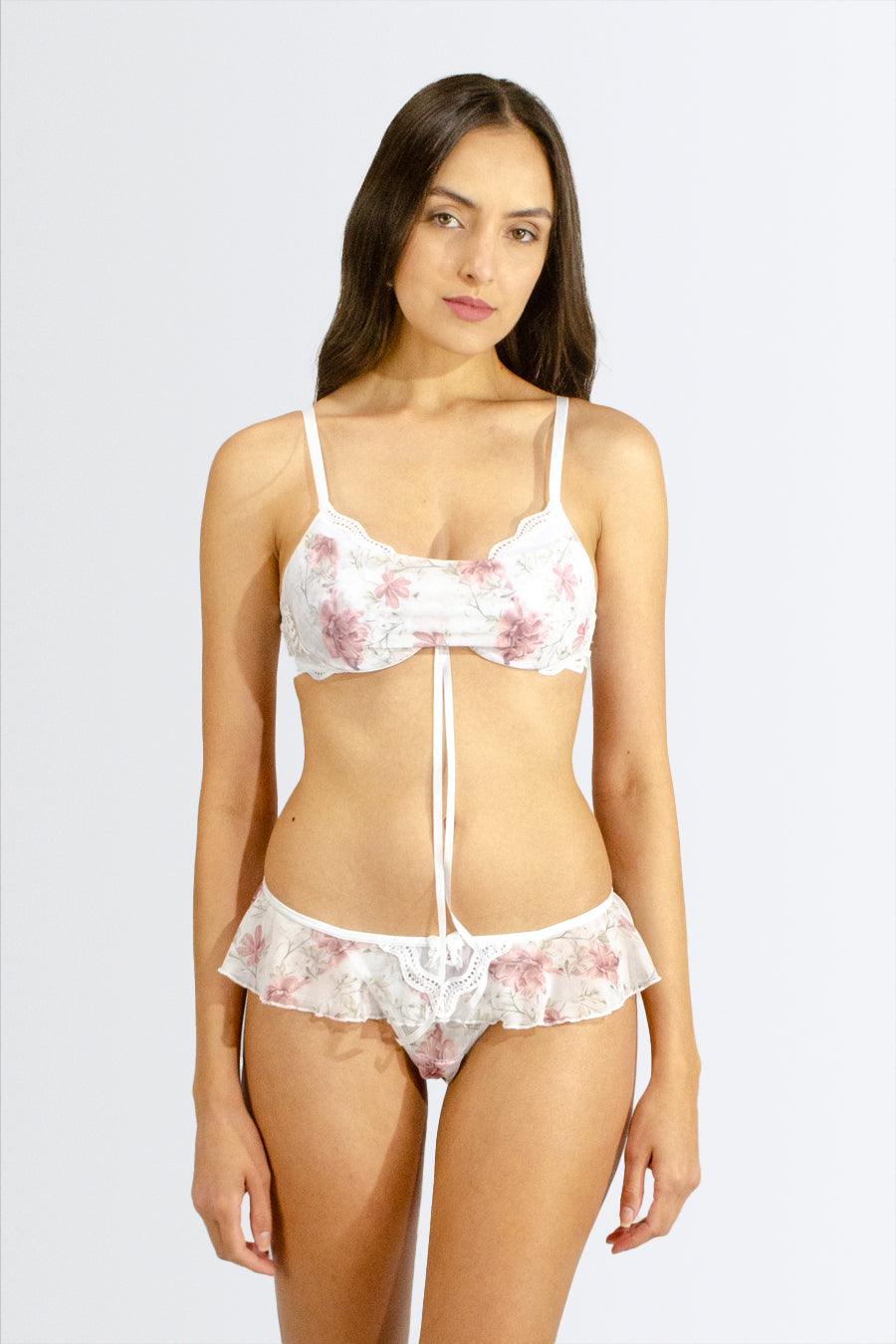 Soutien Sem Base com Tule e Calcinha Fio - Nuance