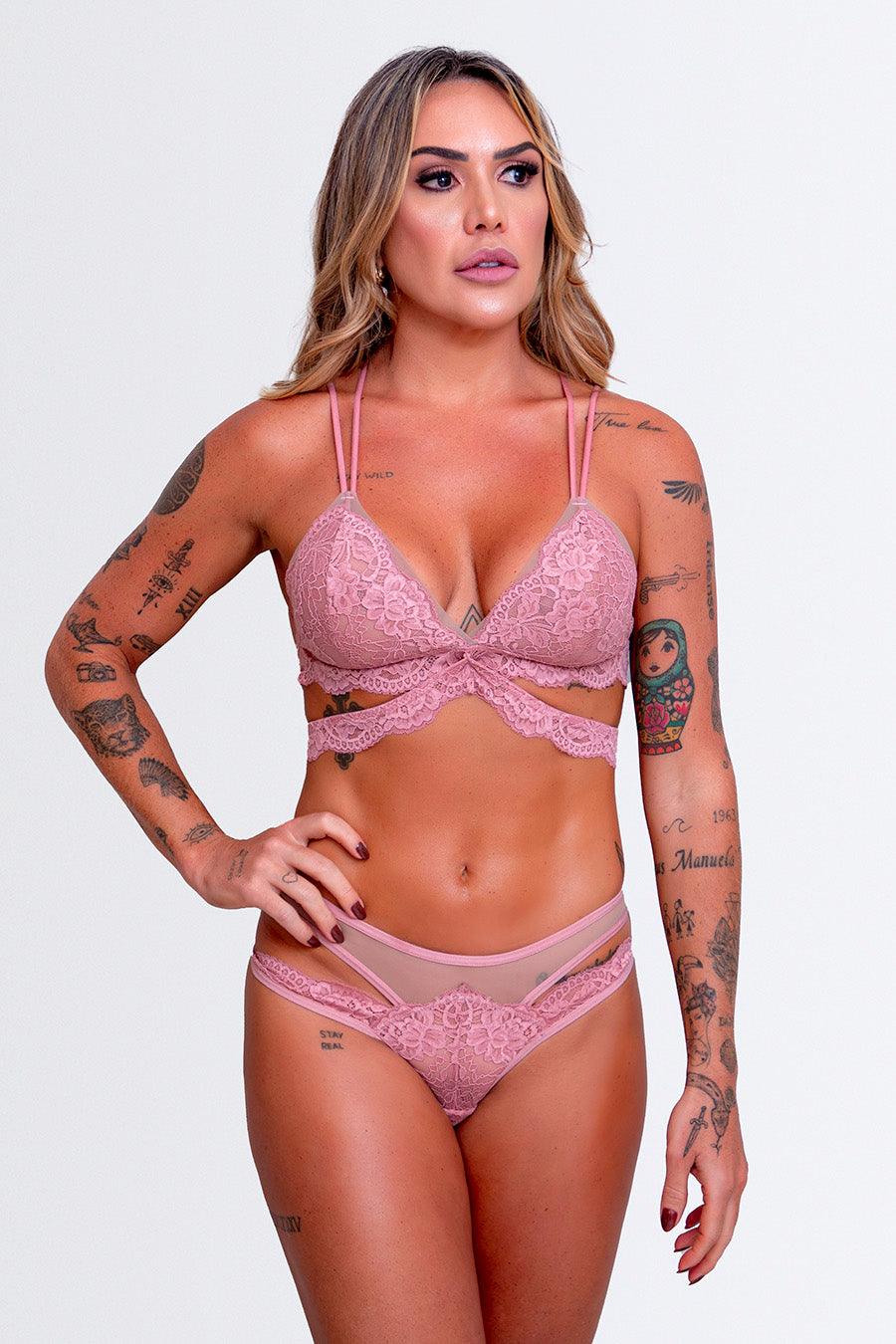 Soutien sem Bojo com Transparências e Vazados + Calcinha Fio de Renda e Tule - Nuance